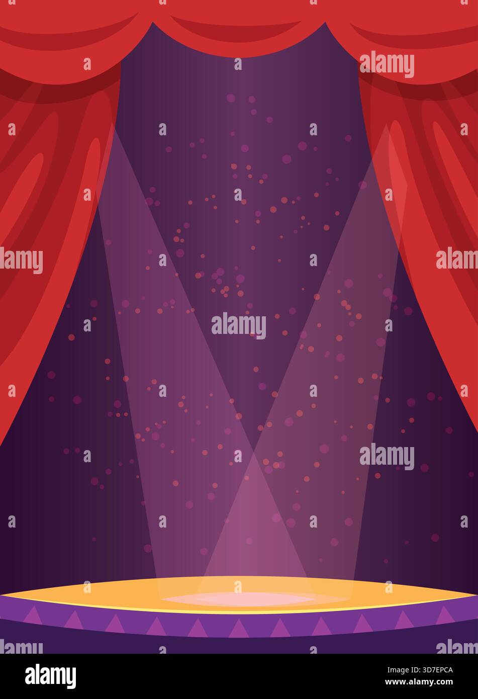 Una tenda rossa con un riflettore che splende su di essa. Il sipario è aperto per rivelare un palco Illustrazione Vettoriale
