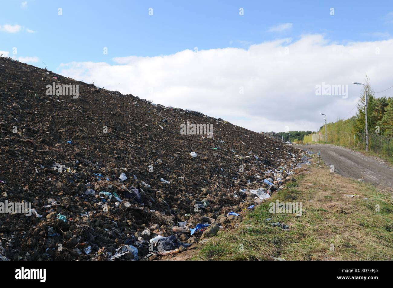 Pendenza delle discariche e strada di accesso rurale a Subcarpathia, Polonia, con rifiuti misti lungo il terrapieno. Foto Stock