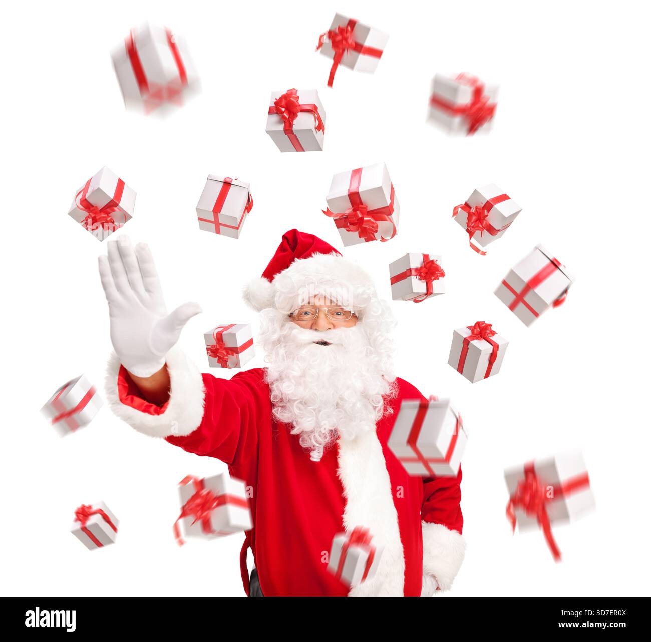 Babbo Natale con regali che volano in aria isolati su sfondo bianco Foto Stock