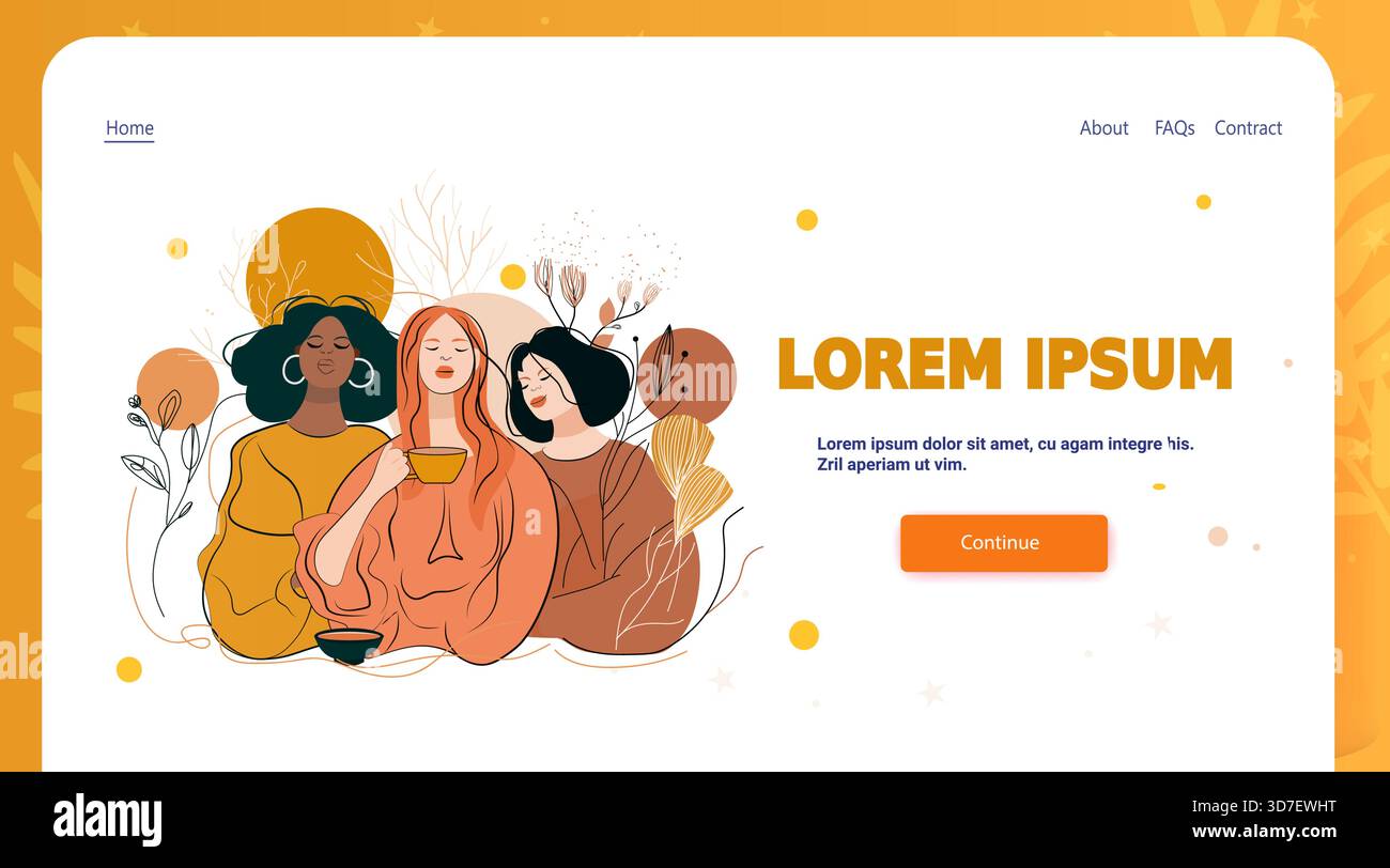 Donne amicizia relax tè natura piante astratte gruppo diversificato colori caldi pagina web moderna Illustrazione Vettoriale