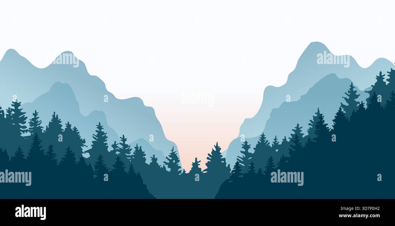Illustrazione vettoriale panoramica del paesaggio con foreste e montagne. Sagome di alberi e colline. Avventura e viaggi. Illustrazione Vettoriale