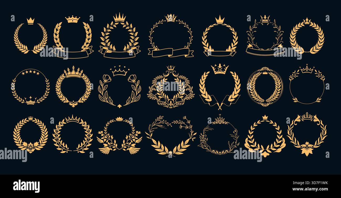 Corona con emblema della corona. Distintivo, icona del premio campione con e corona d'alloro. Logo Gold Achievement con nastro premium per il vincitore e il trofeo Illustrazione Vettoriale