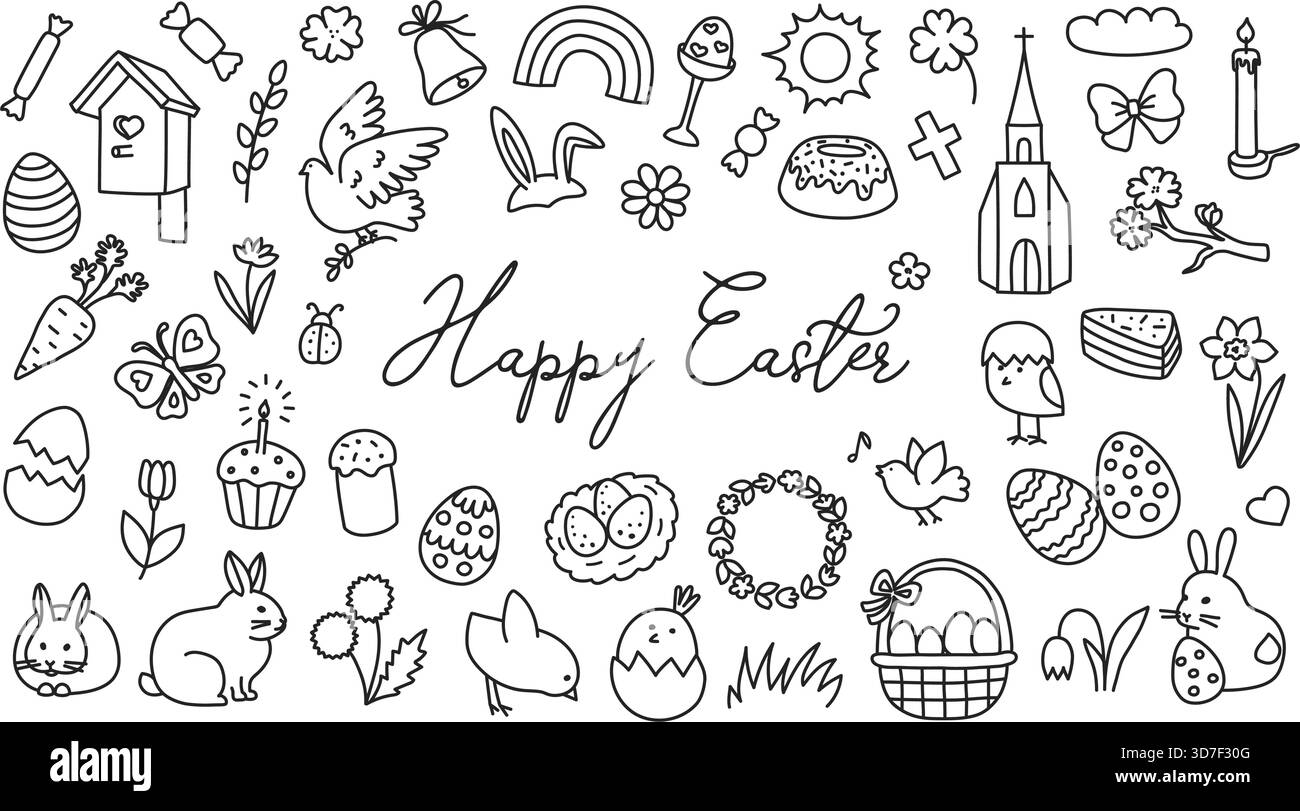 Set di icone di Pasqua con uovo e coniglietto, grazioso design disegnato a mano. Coniglio e farfalla, cesto di fiori e colomba, vettoriale di festa della chiesa Illustrazione Vettoriale