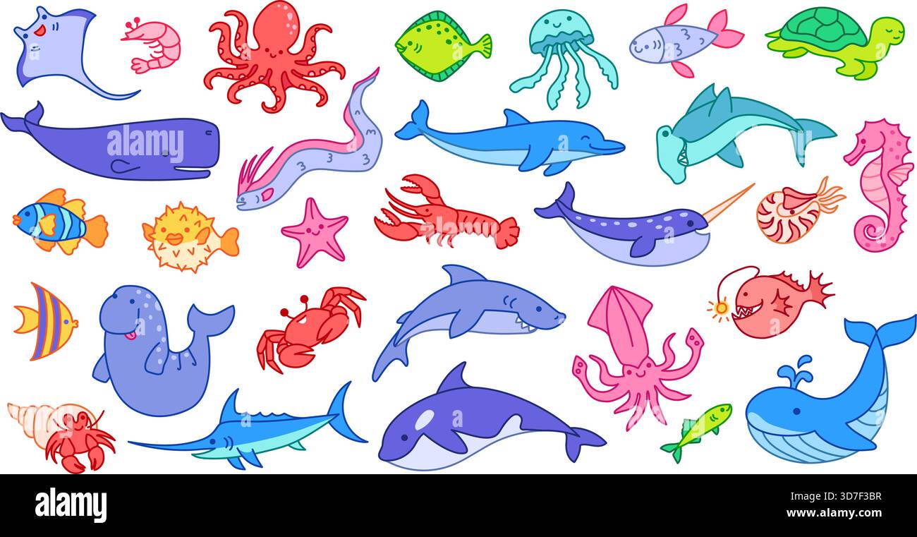 Cartoni animati di animali marini. Balene, squali e delfini, polpi e pesci, tartarughe e granchi, aragosta e calamari, meduse e narwhal carino oceano Illustrazione Vettoriale