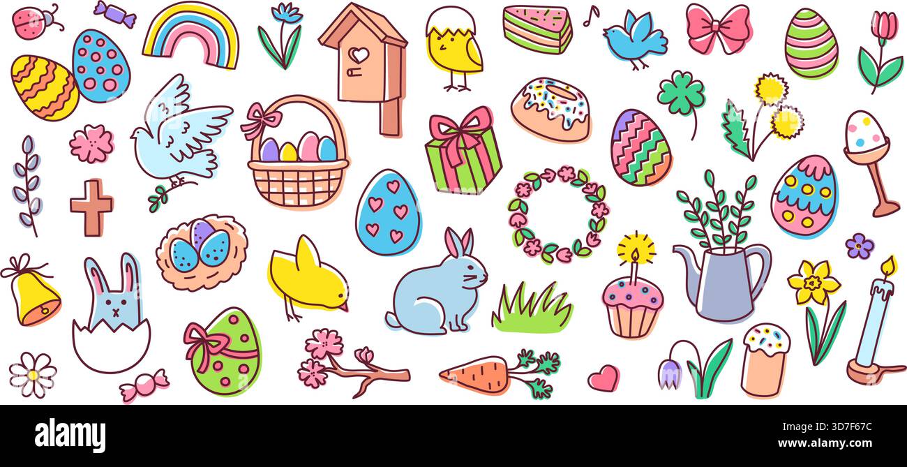 Colorare il doodle pasquale. Uova, coniglietti e pulcini, fiori e cesto, ghirlande e colomba, cupcake e candele elementi per le vacanze disegnati a mano per il design Illustrazione Vettoriale