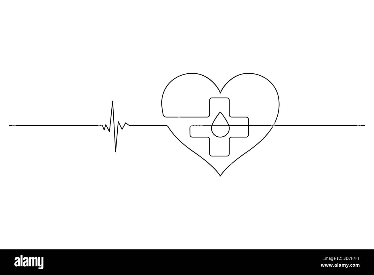 Linea continua disegnando battito cardiaco con croce medica cuore goccia di sangue Illustrazione Vettoriale