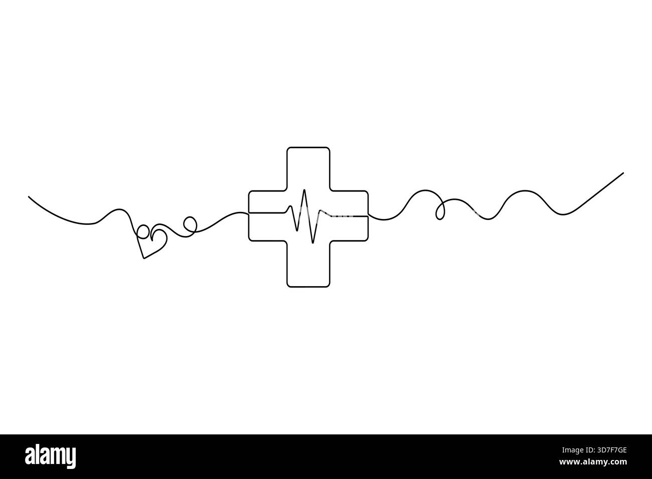 Disegno su una linea di simboli sanitari croce cardiaca ed ecg Illustrazione Vettoriale