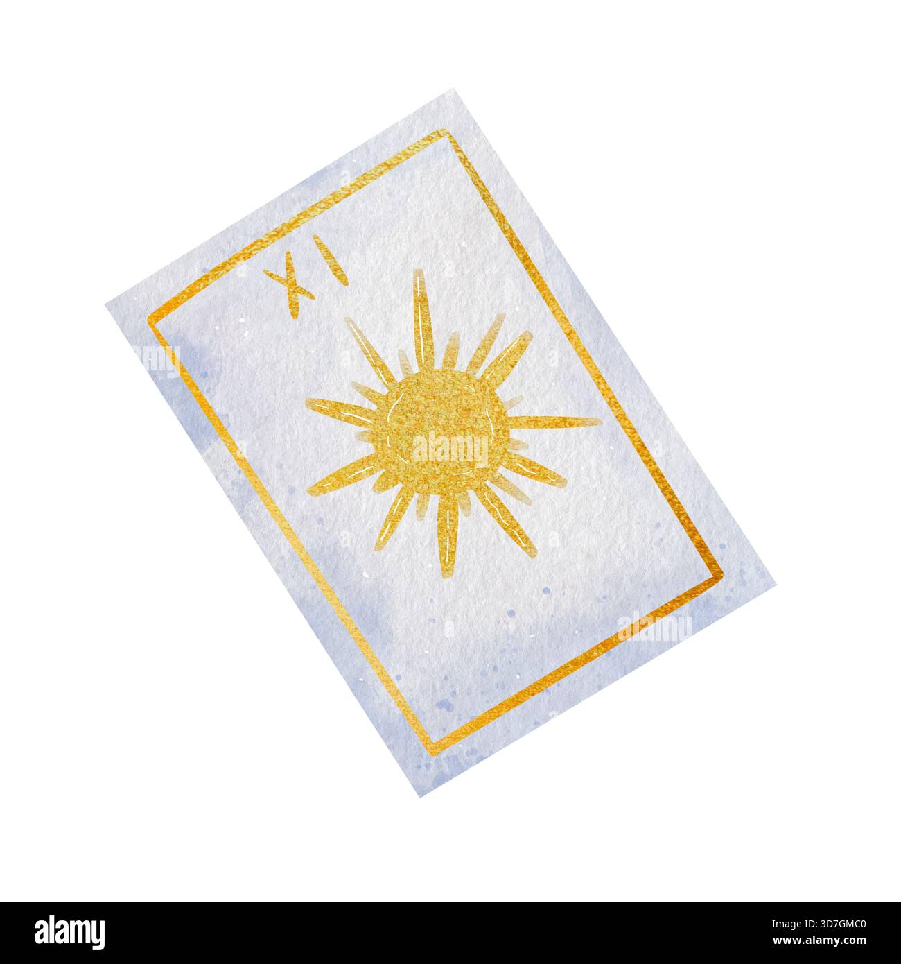 Carta di tarocchi bianchi con linee dorate e sole al centro. Illustrazione mistica ad acquerello per la divinazione e la narrazione della fortuna. Design celeste minimalista che simboleggia l'energia e l'illuminazione spirituale Foto Stock