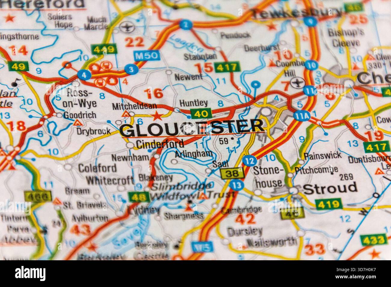Gloucester, Regno Unito, su una mappa stradale. Foto Stock