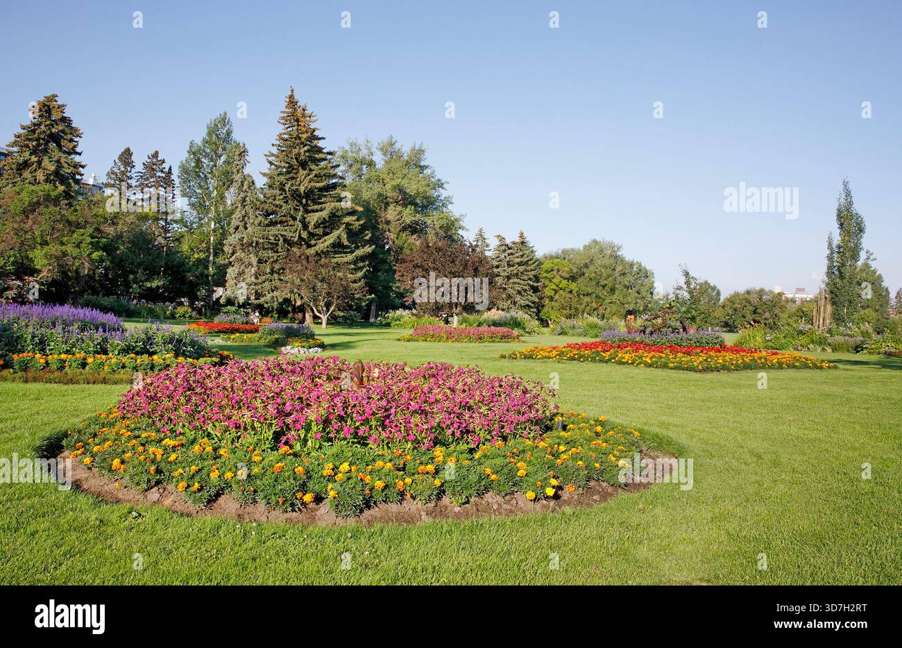 Aiuole del giardino fiorito di Riley Park in estate Foto Stock