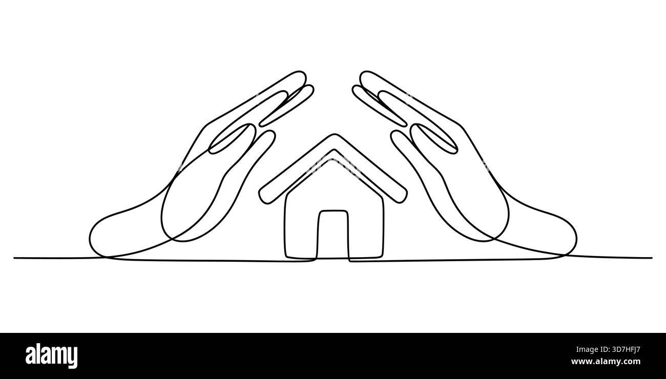 Protezione delle mani per la casa, arte in linea continua, sicurezza e riparo Illustrazione Vettoriale