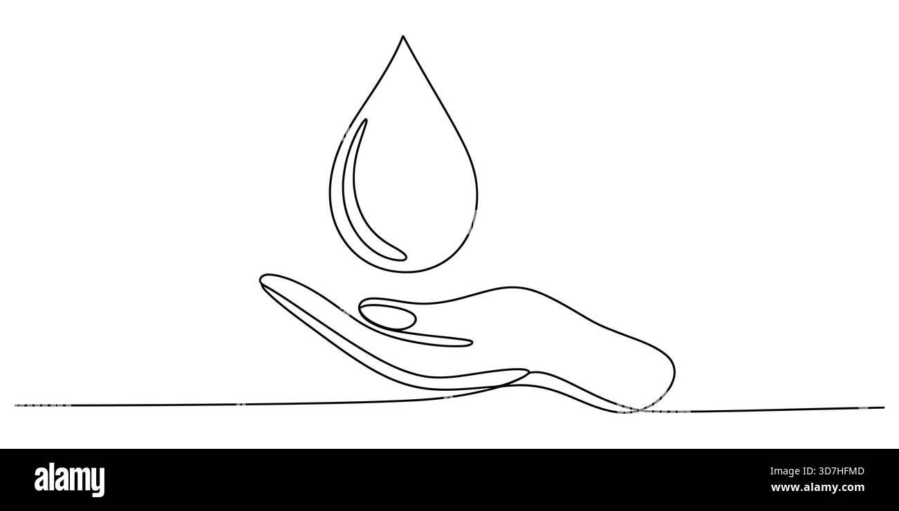 Disegno a linea continua di una mano che regge un disegno a goccia d'acqua Illustrazione Vettoriale
