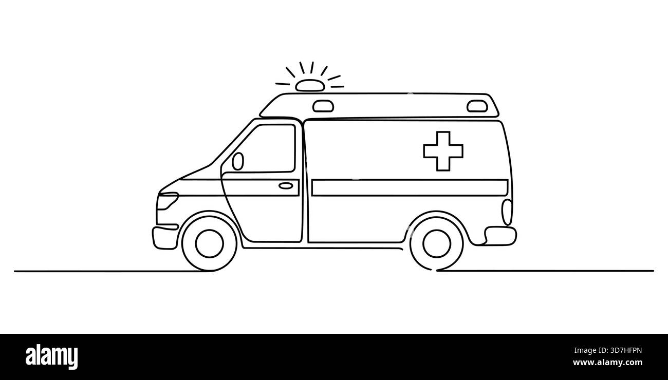 Disegno continuo di un'ambulanza con croce medica Illustrazione Vettoriale
