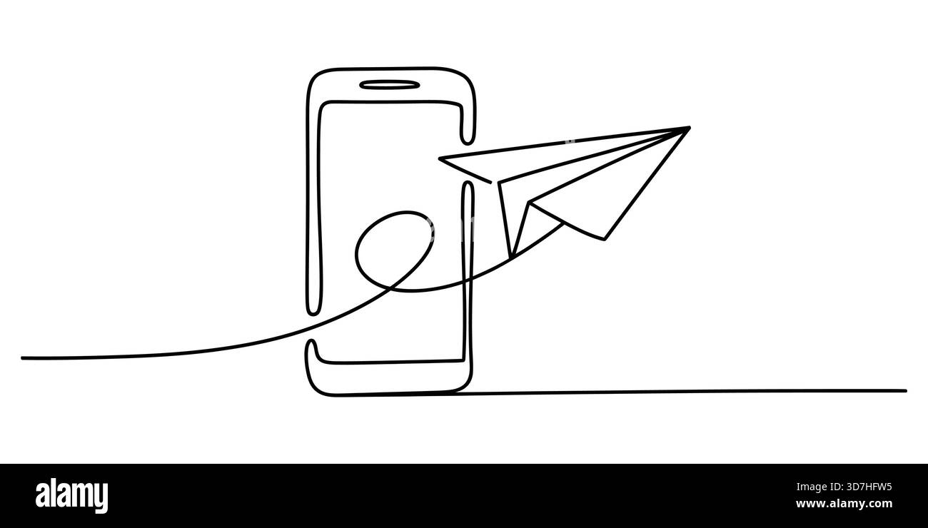 Disegno in linea continuo del concetto di invio del messaggio da parte dello smartphone. Illustrazione Vettoriale