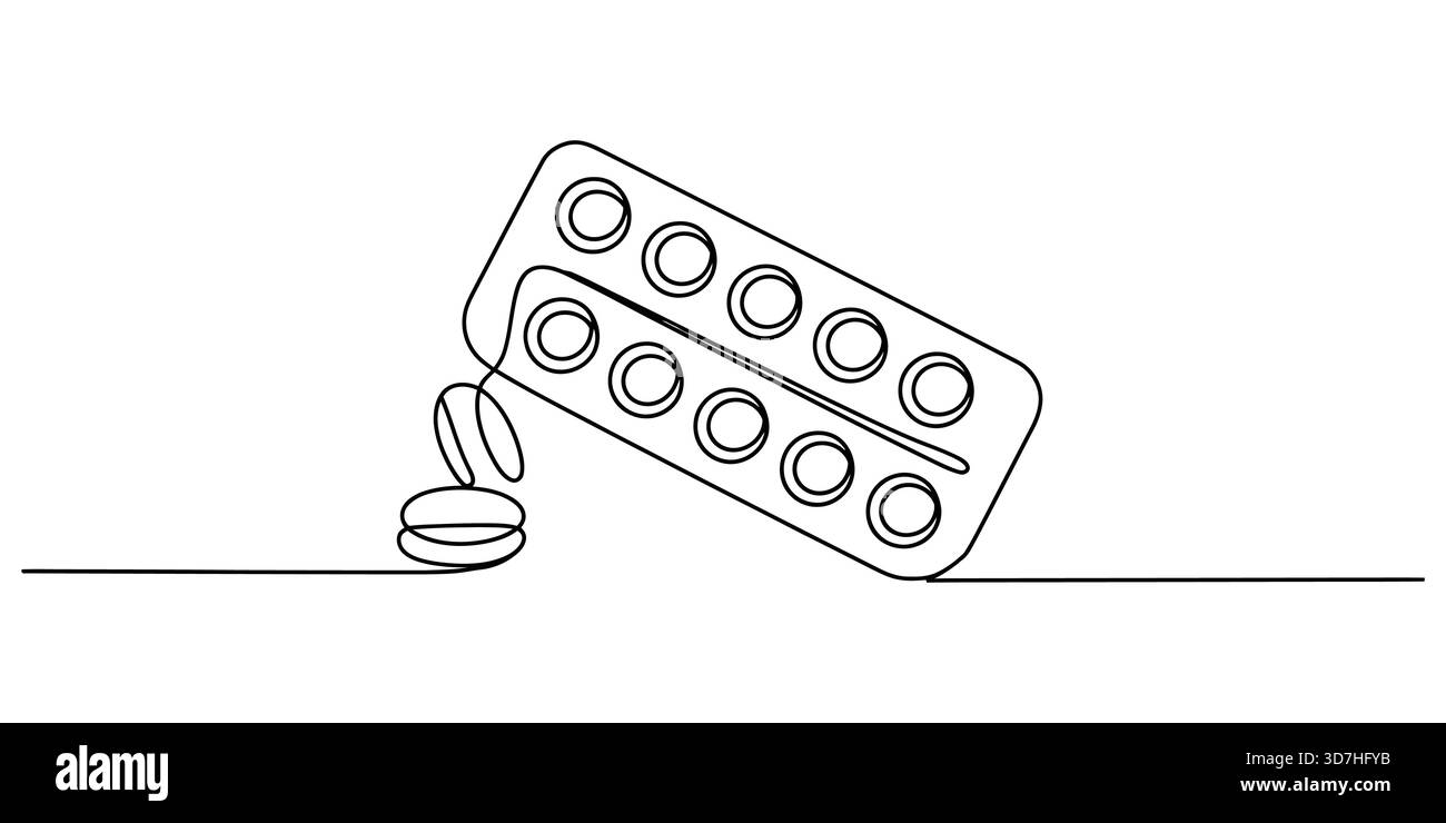 Disegno continuo di pillole blister e compresse. Illustrazione Vettoriale