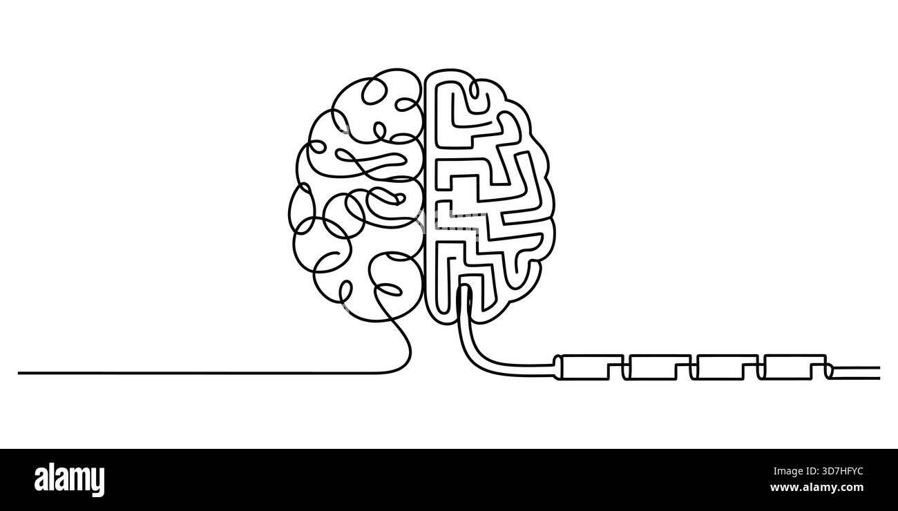 Arte in linea continua del cervello umano che rappresenta logica e creatività Illustrazione Vettoriale