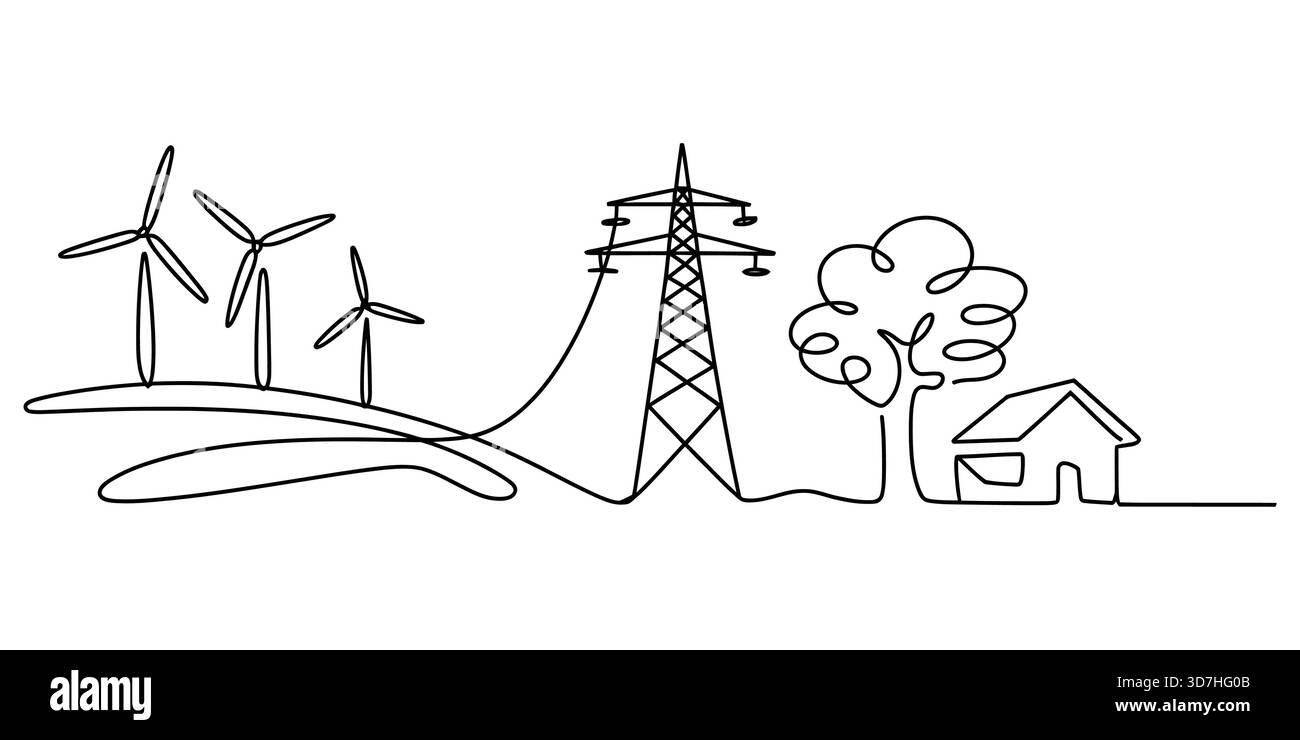 Concetto di energia sostenibile: Energia eolica, rete, natura e casa Illustrazione Vettoriale