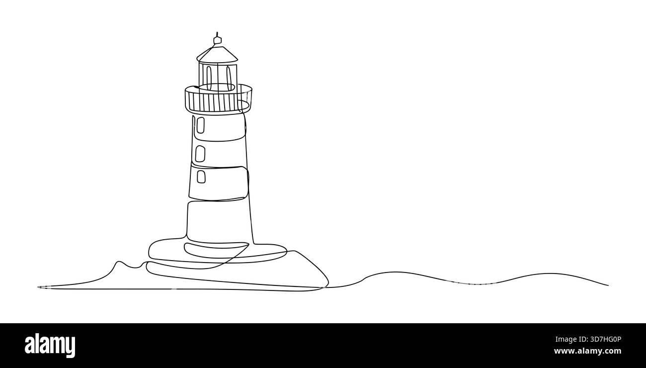 Disegno minimalista a linee continue di un faro sulla costa Illustrazione Vettoriale
