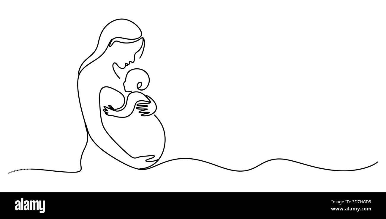 Line art di una madre incinta che abbraccia il neonato su bianco. Illustrazione Vettoriale