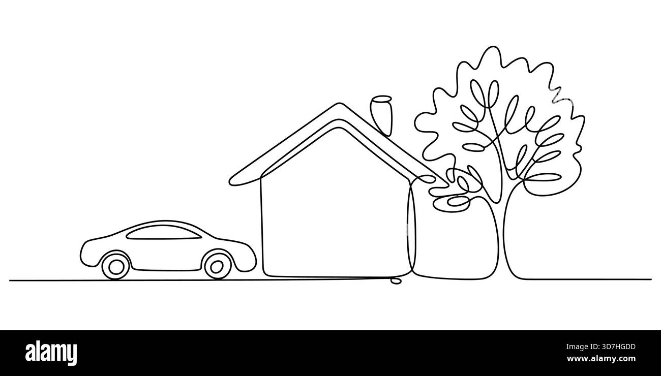Disegno a linea singola di casa, auto, albero che rappresenta la proprietà. Illustrazione Vettoriale