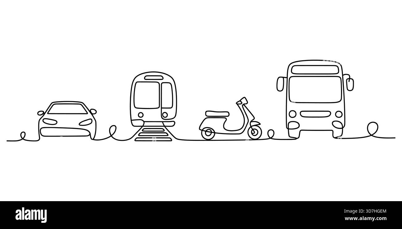 Disegno continuo di diverse opzioni di trasporto pubblico e privato Illustrazione Vettoriale