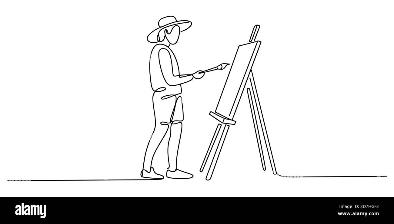 Artista che dipinge su cavalletto con pennello, stile a linee continue Illustrazione Vettoriale