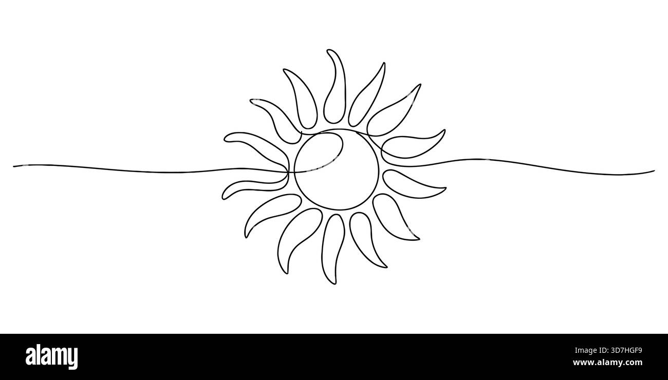 Disegno a linee continue del sole, design minimalista dell'icona solare Illustrazione Vettoriale