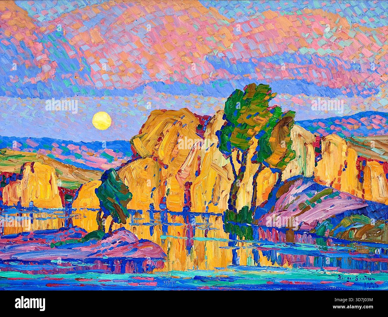 Birger Sandzén - Late Moon Rising (Wild Horse Creek)- (1923) - il dipinto cattura un momento tranquillo del paesaggio con la luna che illumina il terreno accidentato del Wild Horse Creek. Foto Stock