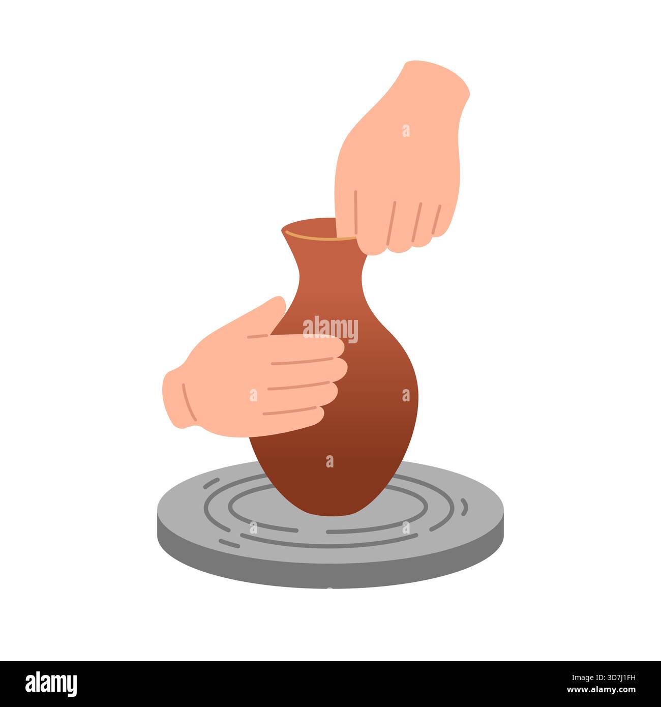 Mani che fanno vasi in ceramica, piatti, prodotti in argilla, utensili da cucina in ceramica con ruota per ceramisti. Illustrazione vettoriale hobby. Illustrazione Vettoriale
