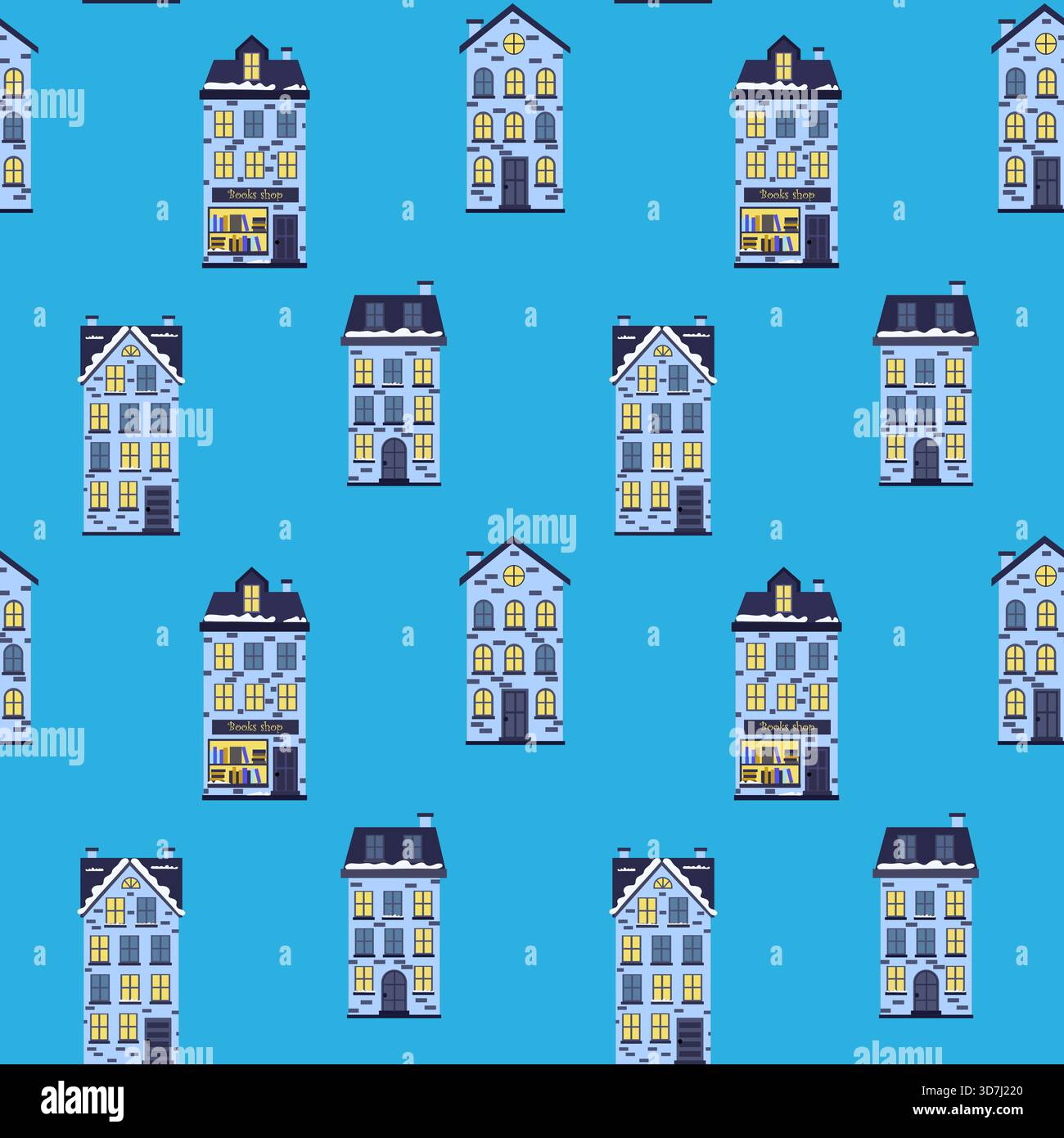 Una collezione di case stilizzate con finestre colorate e' disposta ordinatamente su uno sfondo blu luminoso. Il design presenta varie forme di casa, enhanc Illustrazione Vettoriale