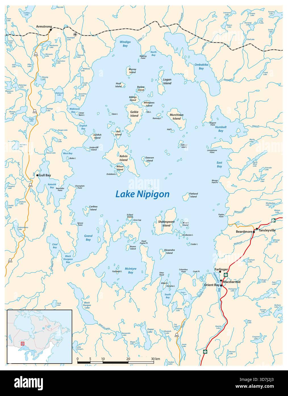 Mappa dettagliata del lago Nipigon, Ontario, Canada Foto Stock