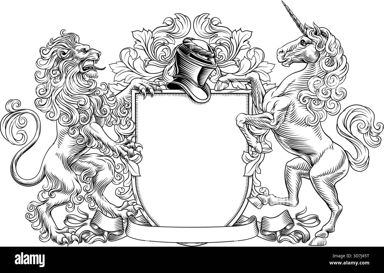 Uno stemma di unicorno e leone o scudo araldico medievale della famiglia dello stemma. Con elmetto e ornamento a spirale in filigrana di acanto in vinta Illustrazione Vettoriale