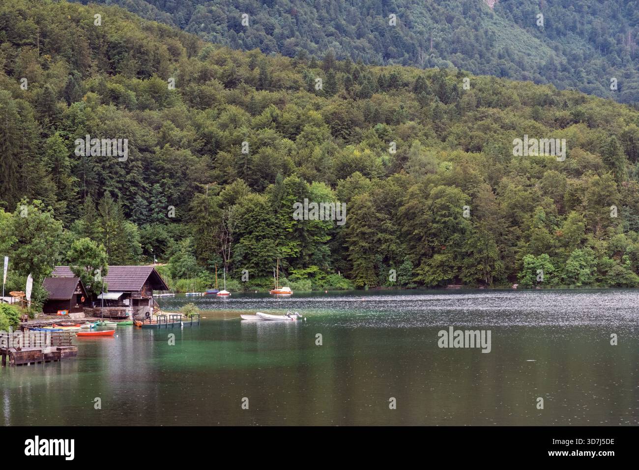Tranquillo lago nella foresta con barche, pedalò e motoscafo sotto lussureggianti colline verdi alla luce dell'estate. Foto Stock