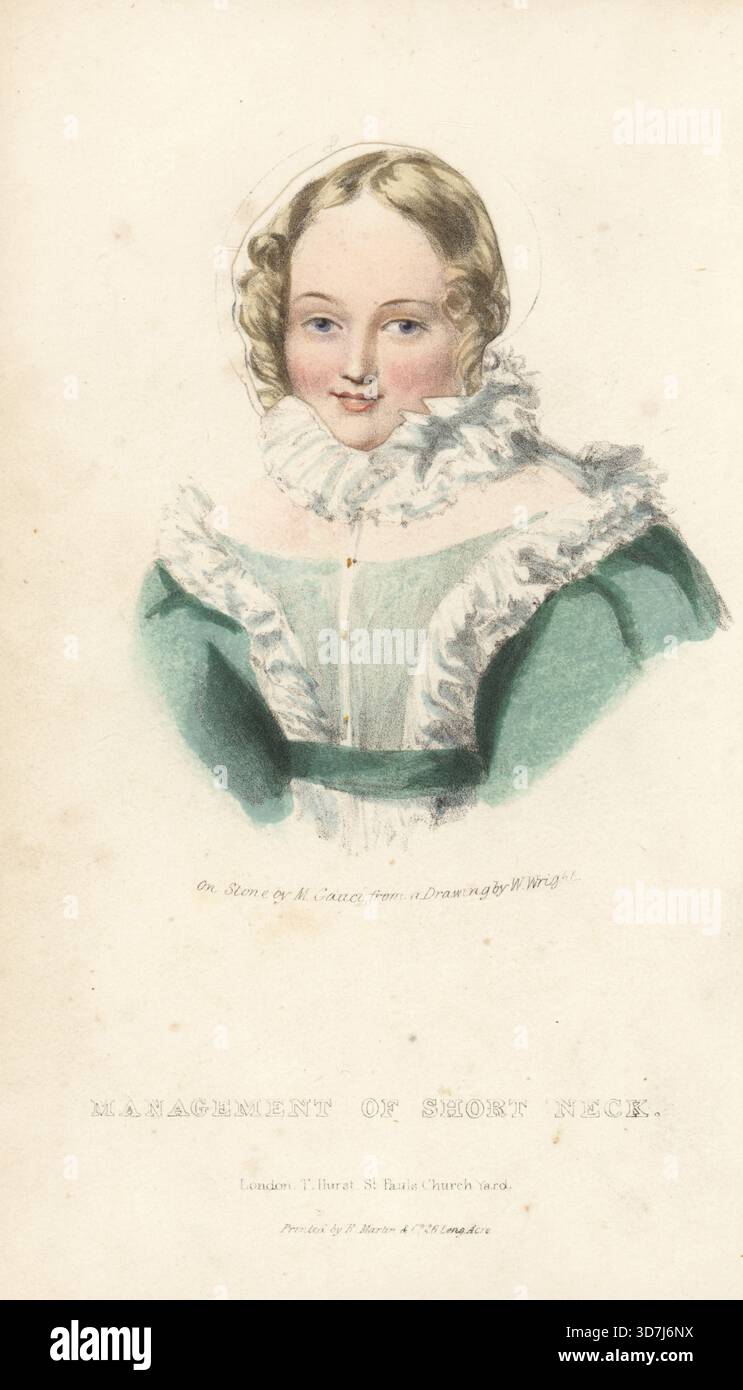 Busto ritratto di una donna vittoriana con colletto in pizzo che corregge il collo corto. Il collare copre completamente il collo dal mento alla spalla. Dopo l'immagine in un set sulla gestione del collo corto. Litografia di Maxim Gauci e colorata a mano di Ayton dopo un'illustrazione di John William Wright, pittore inglese di genere e ritrattista. Litografia colorata a mano da Mrs. A. Walker's Female Beauty, Londra, Thomas Hurst, 1837. Era la moglie del fisiognomista scozzese Alexander Walker (1779-1852) autore di Beauty in Woman. Foto Stock
