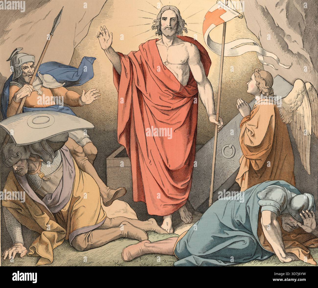 Storia biblica, la Risurrezione di Gesù, evento centrale della fede cristiana, in cui Gesù Cristo fu risuscitato dai morti il terzo giorno dopo la sua crocifissione. Illustrazione, riproduzione di un originale del XIX secolo. File autentico ripristinato per un uso ottimale, data esatta dell'originale sconosciuto, storico. Foto Stock