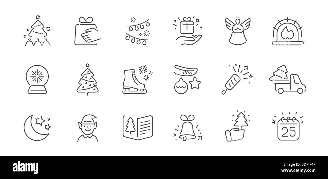 Set di icone natalizie. Set di simboli lineari per la decorazione delle vacanze invernali. Concetto di celebrazione del nuovo anno. Illustrazione vettoriale Illustrazione Vettoriale