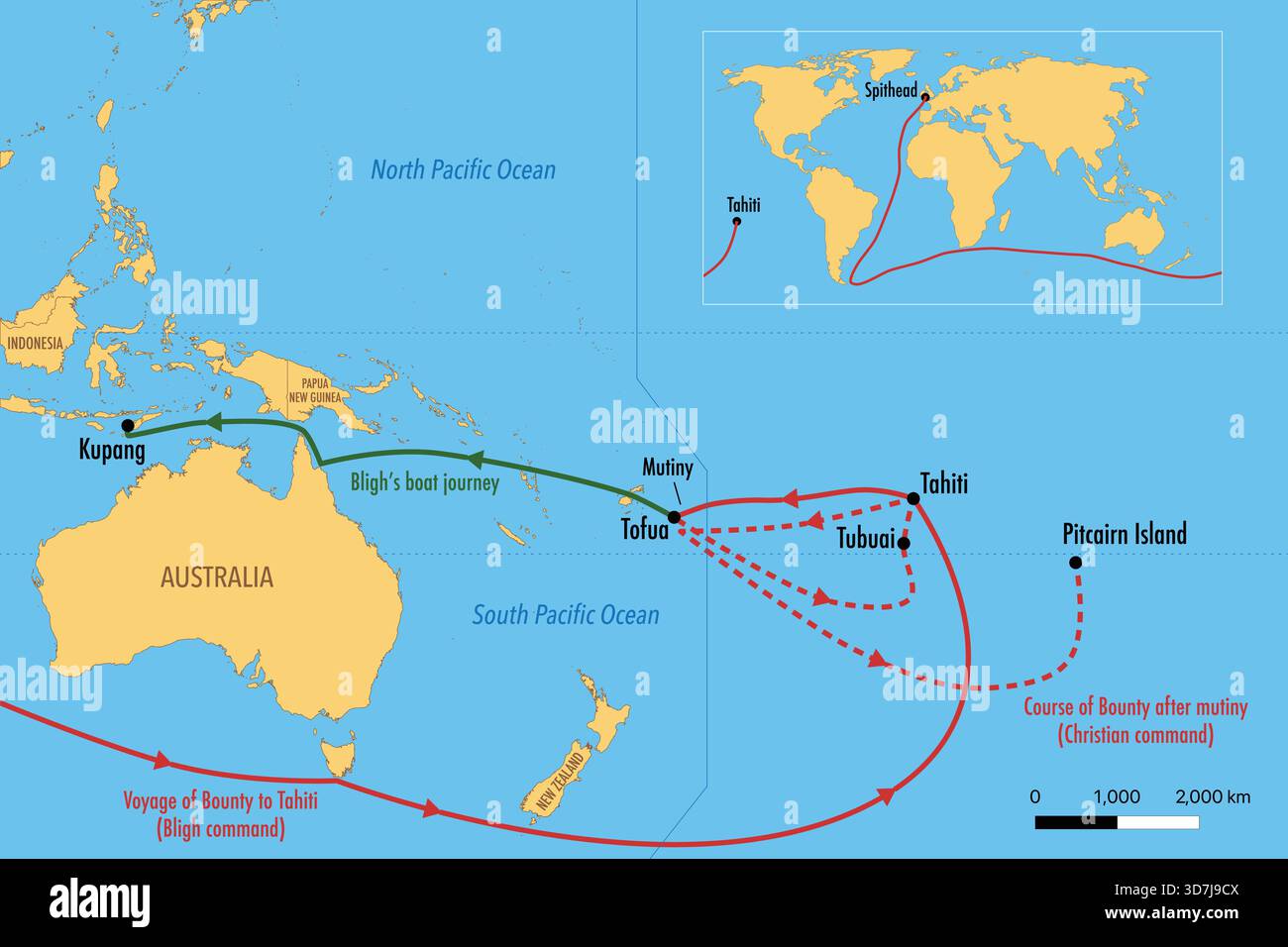 Viaggio della HMS Bounty con percorso ammutinoso e viaggio del capitano Bligh – illustrazione storica della mappa Illustrazione Vettoriale