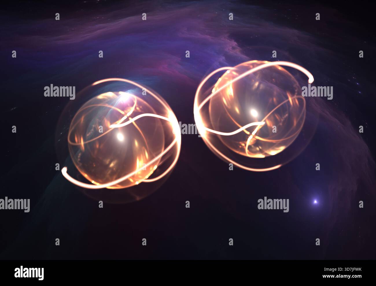 Particelle, intrappolamento quantistico (correlazione quantistica), meccanica quantistica. Illustrazione 3d dell'art. Frattale Foto Stock