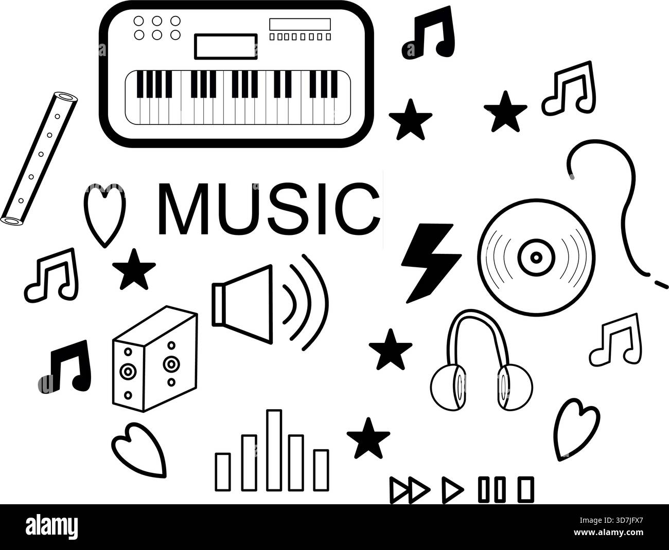 Illustrazione musicale in bianco e nero con tastiera, cuffie, vinile, note, onde sonore, stelle, cuori e icone in una divertente composizione sparsa Illustrazione Vettoriale