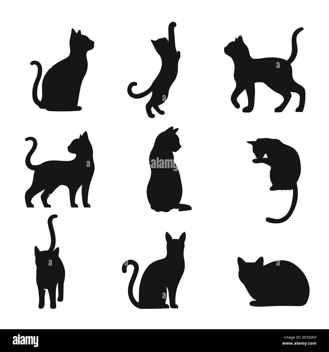 Set di silhouette di gatto nera isolata su sfondo bianco. Modello di illustrazione vettoriale per la decorazione del design. Illustrazione Vettoriale
