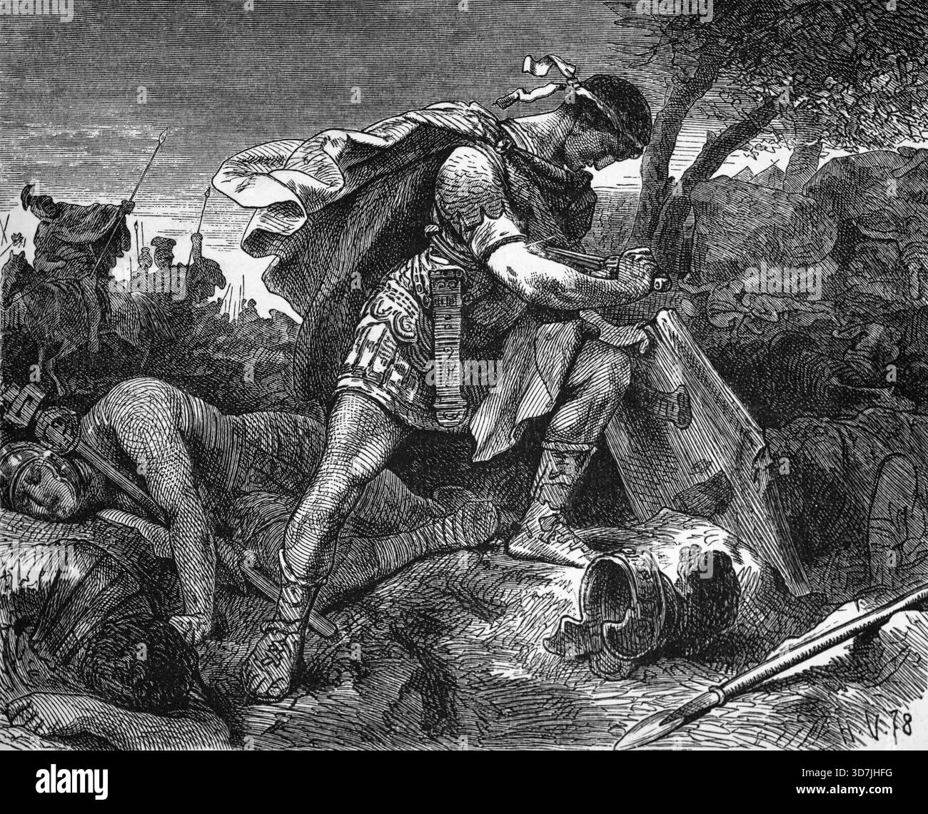 Der Selbstmord des Brutus nach der Schlacht von Philippi, Griechenland, 23. Oktober 42 v. Chr., digitale Reproduktion einer historischen Vorlage Foto Stock