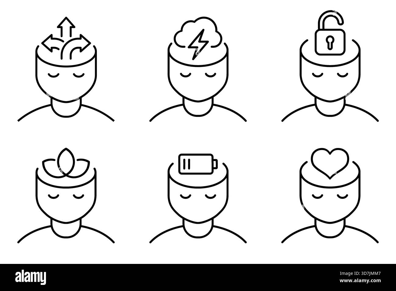 Set di icone della linea di salute mentale: Prendere decisioni, stress, mente aperta, consapevolezza, fatica, ed empatia. La testa dell'uomo si delinea riguardo al problema contemporaneo Illustrazione Vettoriale