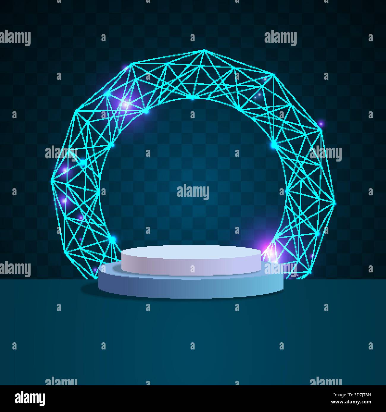 Una futuristica scena di podio 3D con un cerchio luminoso di rete digitale composto da linee e punti connessi su uno sfondo tecnologico blu scuro. Questa moderna t Illustrazione Vettoriale