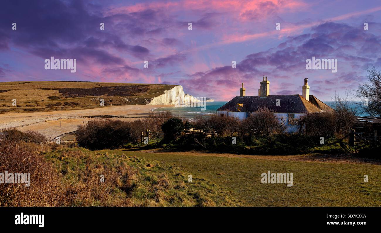 Seven Sisters White Cliffs a Cuckmere Haven nel Sussex, Inghilterra, Regno Unito Foto Stock