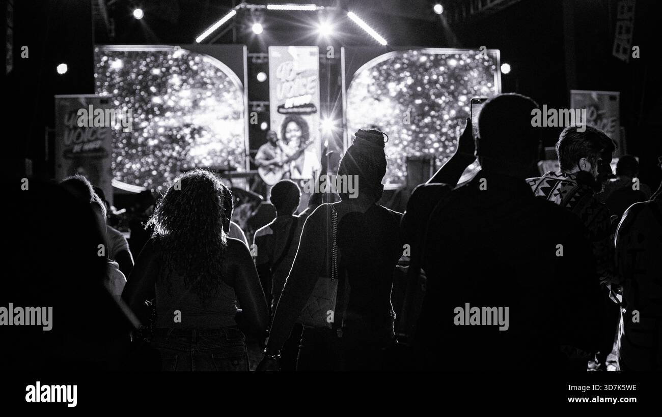 Foto in bianco e nero di un concerto dal vivo con folla in silhouette, luci di scena brillanti, schermi LED e un artista che crea un'atmosfera drammatica. Foto Stock
