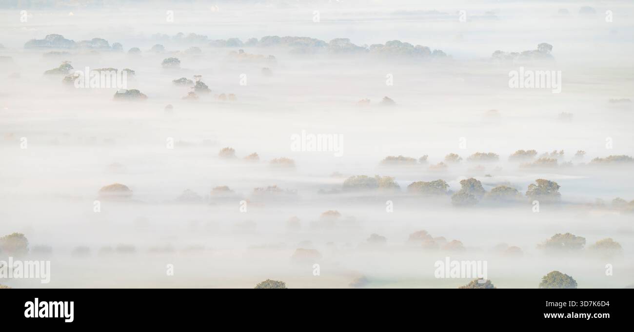 Bassa nebbia che si snoda attraverso i livelli del Somerset all'alba, creando un'ampia vista panoramica della campagna inglese, vista dalle Mendip Hills, Regno Unito Foto Stock