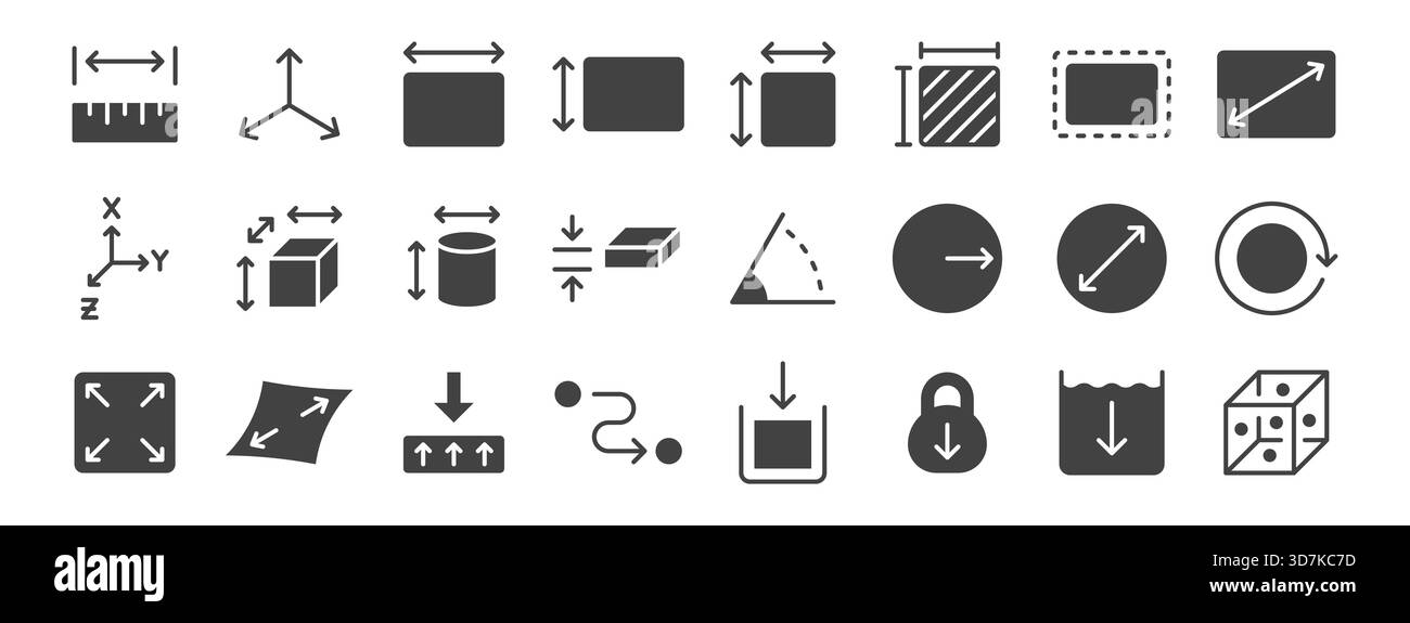 Set di icone di misurazione e glifo di dimensione. Illustrazioni vettoriali minime righello, asse 3D, larghezza, altezza, diametro. Semplici segni di silhouette per la geometria Illustrazione Vettoriale