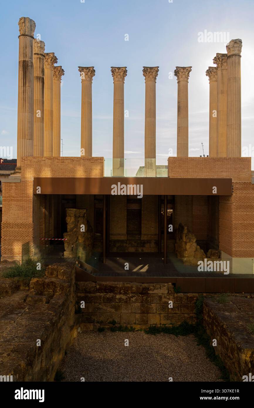 Rovine del tempio romano. Vista delle colonne ricostruite nel centro di Cordova, Andalusia, Spagna. Foto Stock