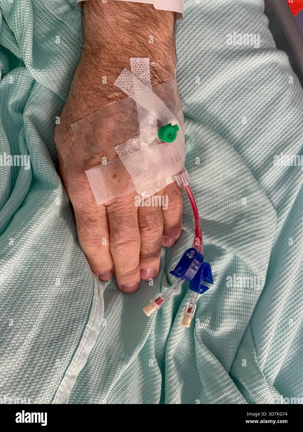Paziente di sesso maschile anziano con cannula per via endovenosa inserita nella mano sinistra nel reparto ospedaliero: Phillip Roberts - Immagine stock catturata con smartphone
