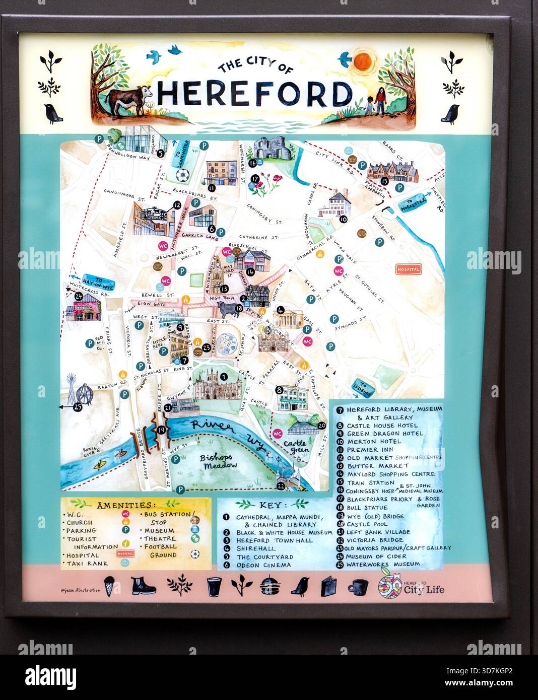 Hereford Town Map display board, Hereford, Herefordshire, Inghilterra, Regno Unito Foto Stock